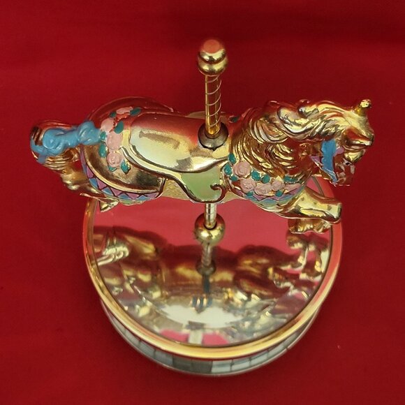 Vintage Musical Golden Metal Horse Revolving Carousel Mirrored Base - Picture 4 of 13